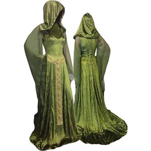 Women's Medieval Lace-up Vintage Hooded Cloak Robe Adult Costume Retro Cosplay Long Dress Halloween Party Costume (Green)