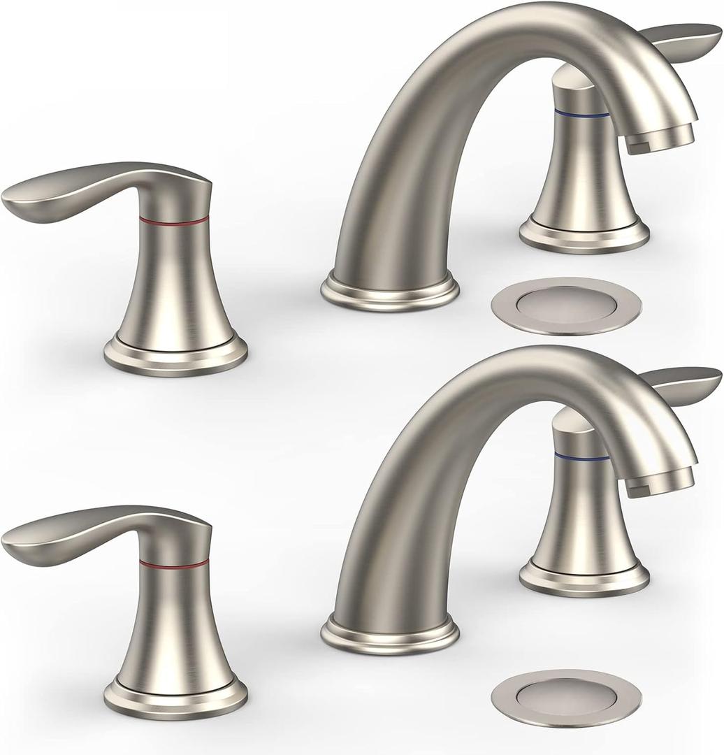 Bathroom Sink Faucet, Faucet for Bathroom Sink, Widespread Brushed Nickel Bathroom Faucet 3 Hole with Stainless Steel Pop Up Drain and cUPC Lead-Free Hose - (Brushed Nickel 2 Packs), 8 inch