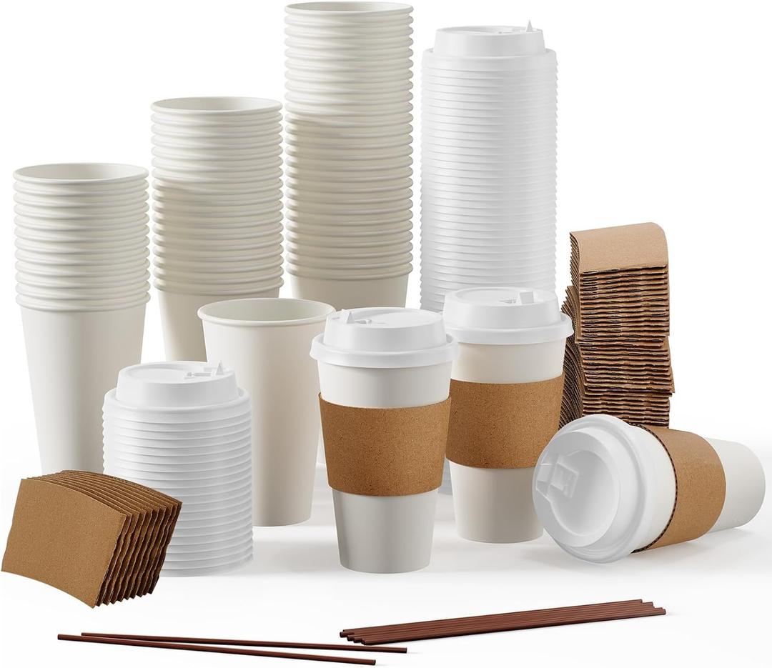 JOLLY PARTY [100 Pack] 16 oz Paper Coffee Cups, Disposable Paper Coffee Cup with Lids, Sleeves, and Stirrers, Hot/Cold Beverage Drinking Cup for Water, Juice or Tea, Suitable for Home,Shops and Cafes