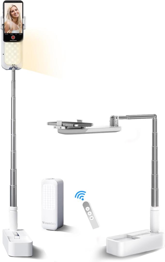 Selfie Stand with 360 Rotates Phone Holder, Foldable/Rechargeable/Wireless/Overhead Recording with 1000mah Battery for Live Stream/Make up/YouTube/Tiktok/Vlog, 7 Brightness LED Light(White)