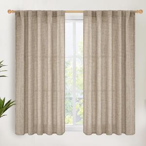 YoungsTex Oatmeal Linen Curtains 48 Inch Length, Burlap Semi Sheer Drapes Light Filtering with Rod Pocket Back Tab for Living Room Short Window, 2 Panels, 42 X 48 Inch