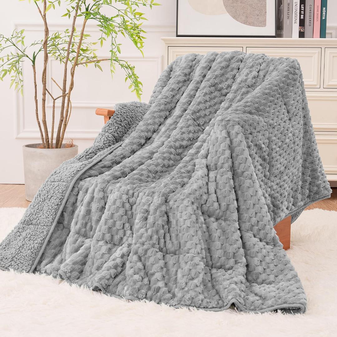Super Fuzzy Soft Fleece Sherpa Weighted Blanket 15 lbs for Adults, 3D Imitation Turtle Shell Luxury Weighted Throw for Better Sleep, Dual Sided Cozy Heavy Blankets for Couch Bed, Grey, 60" x 80"