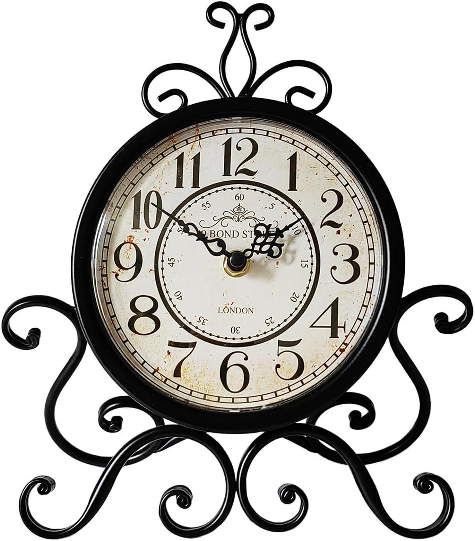 HZDHCLH Vintage Table Clocks for Living Room Bedroom Decor, Silent Decorative Farmhouse Shelf Clock Battery Operated, Small Rustic Mantel Clock with Roman Numerals (Black,11 inch)