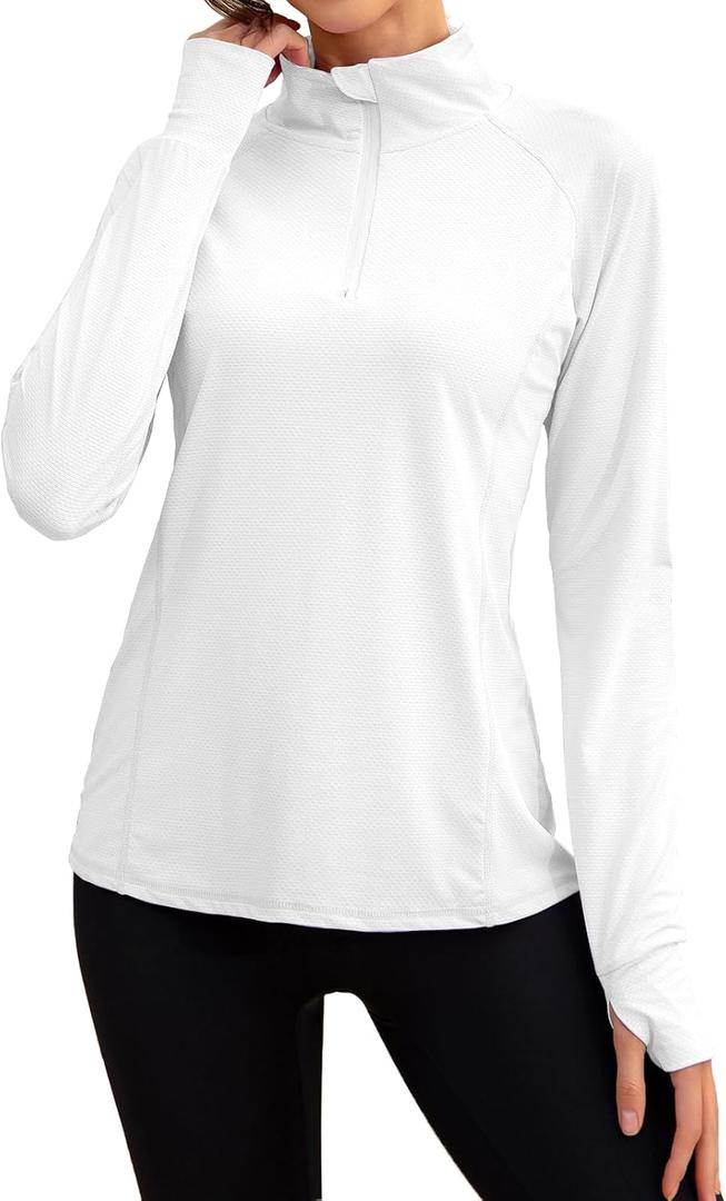 We1Fit Women's UPF 50+ Sun Shirts Long Sleeve Quarter Zip Pullover Lightweight Hiking Running Workout Tops (White), Small