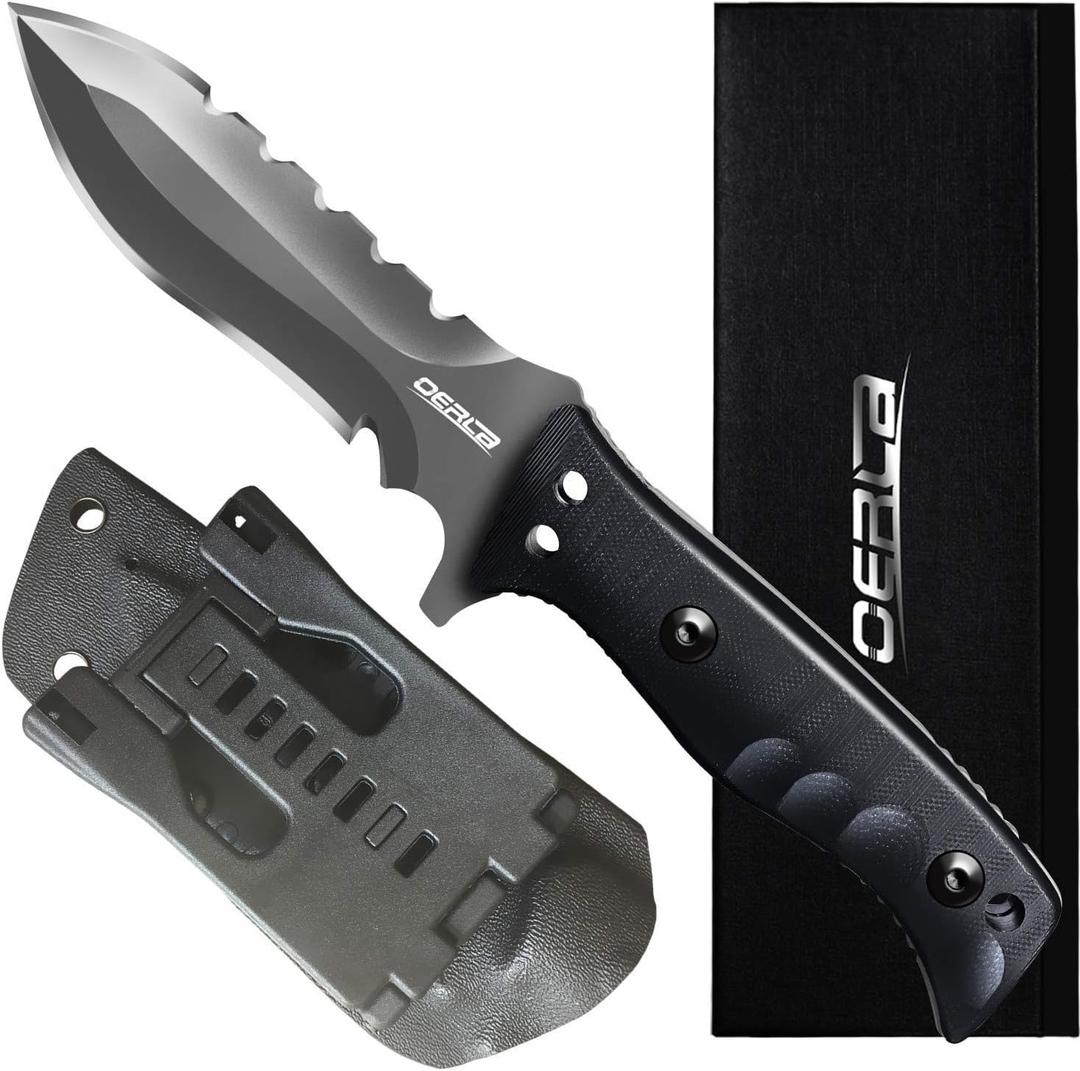 OERLA TAC OL-0021SD Fixed Blade Knives Outdoor Duty Knife 420HC Stainless Steel Camping Hunting Survival Knife Double Sided Blade with G10 Handle Waist Clip EDC Kydex Sheath (Black)