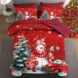 7 Pcs Queen Size Christmas Comforter Set with 2 Pillowcases & 2 Shams, Red Cute Snowman Bedding for Kids and Adults, Farmhouse Truck Snow Bed in a Bag with Flat Fitted Sheet
