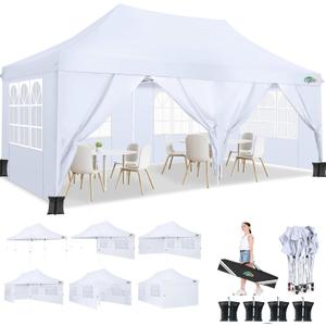 COBIZI 10x20ft Pop Up Canopy Tent with 6 Removable Sidewalls, Easy Up Commercial Canopy, Waterproof and UV50+ Gazebo with Portable Bag, Adjustable Leg Heights,Party Tents for Parties, with 4 Sandbags (White)
