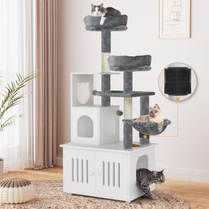 YITAHOME Cat Tree with Litter Box Enclosure, 2-in-1 Cat Furniture, Modern Cat Condo, Indoor Cat Tower with Wood House, Perch, Food Station, Hammocks, Scratch Post, Hair Brush, 59 Inch, White