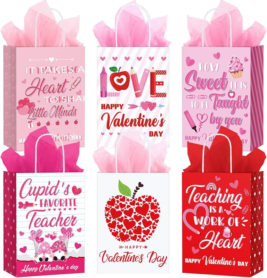 Gueevin 24 Pcs Valentine's Gift Bags for Teacher with 24 Tissue Paper Bulk Party Favor Kraft Paper Bags Ideas Appreciation Gift for Teachers Home Office Valentine's Day Supplies Favors
