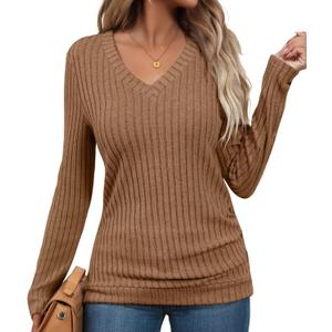 Bliwov Womens Tunic Tops Long Sleeve V Neck Casual Fall Outfits Ruched Button Pullover Sweater Loose Blouse Fashion Clothes (L)