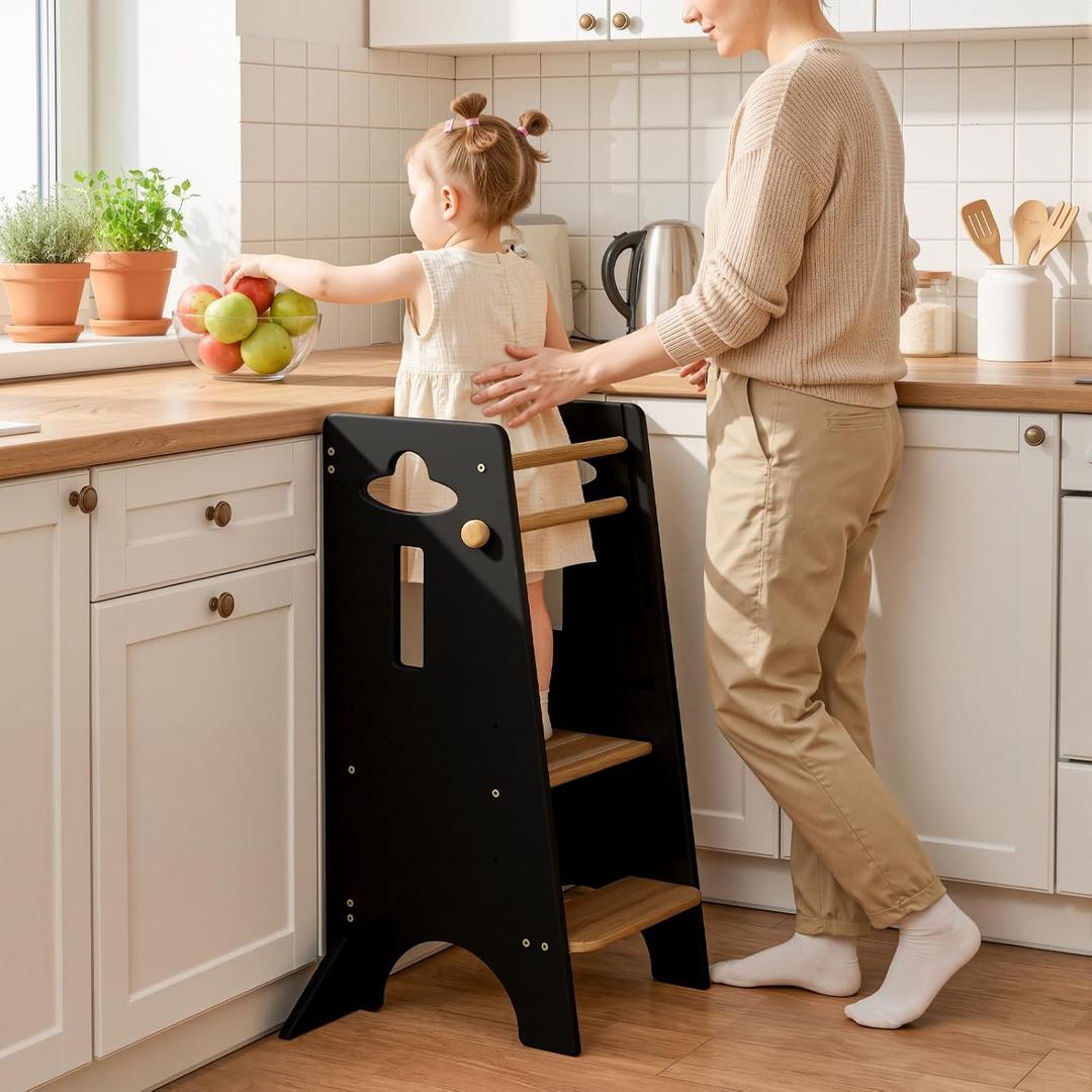 COSYLAND Toddler Standing Tower Adjustable Height (NO Wide Back Panel) - Super Stable Toddler Kitchen Stool Helper - 3 Levels Adjustable Wooden Kids Kitchen Stool (Natural & Black)