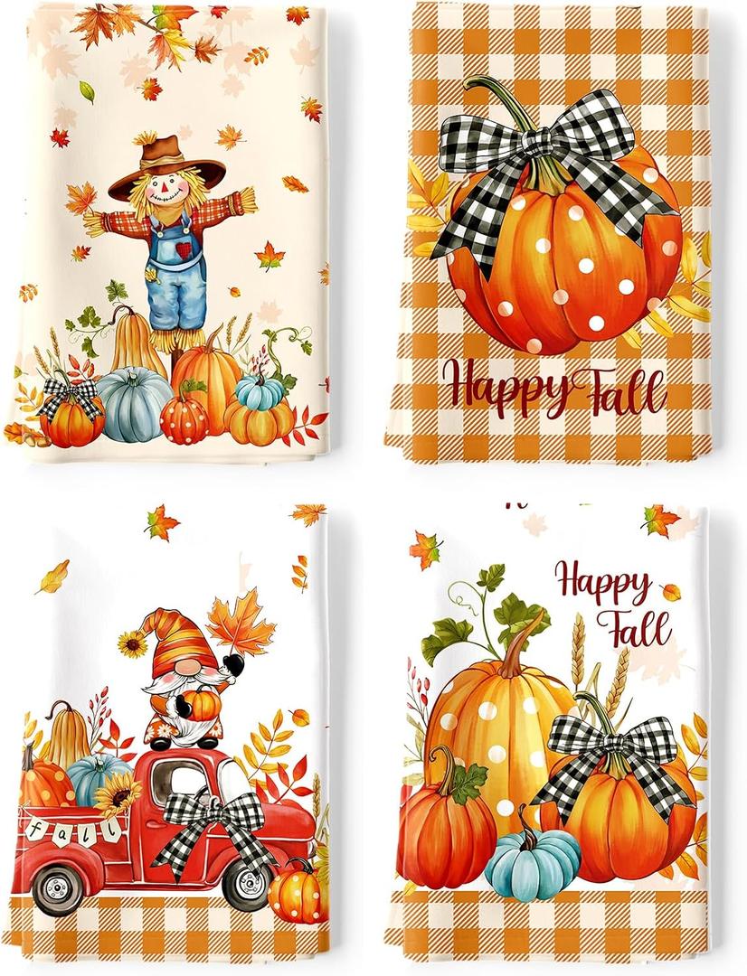 Fall Thanksgiving Gnome Pumpkin Tea Towels, Cotton Kitchen Towel 18.9 27.5 Inch, Quick Drying Dish Cloth for Party Anniversary Holiday Decoration Housewarming Gifts