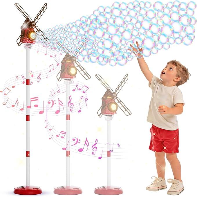 Windmill Bubble Machine for Kids, 51" Adjustable Height Bubble Maker with Light & Music, 130ml Tank, 10-Hole Battery Operated Bubble Blower for Toddlers, Backyard Outdoor Party Toys