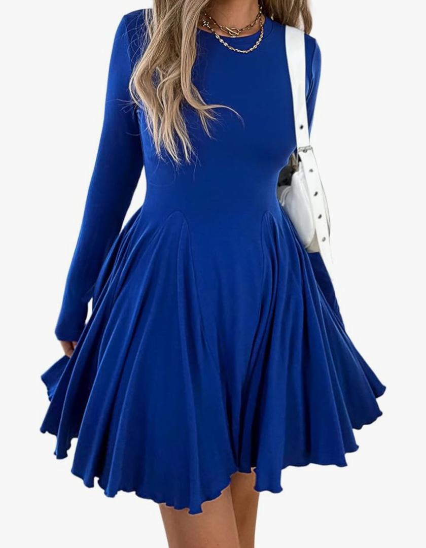 Mieazom Women’s Long Sleeve Casual Swing Dress – A-Line Fit and Flare Skater Dress, Stretchy Mini Dress for Fall Winter L