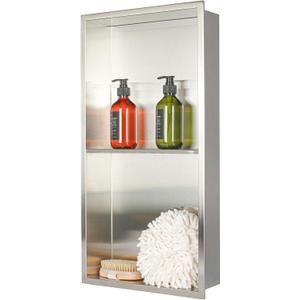Stainless Steel no Tile Needed Metal Niche,Double ShelvesStainless Steel Finished Shower Insert Wall Niche(Brush, 24 * 12 in)