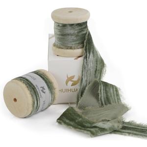 HUIHUANG Sage Green Crinkled Silk Velvet Ribbon, 1" Wide x 12 Foot Long, Frayed Edges, Perfect for Weddings, Christmas, Gift Wrapping & More