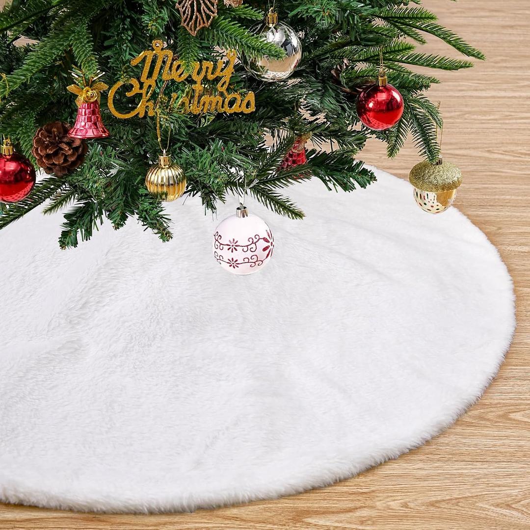 White Tree Skirt 48 Inch Large Faux Fur Tree Skirts Plush Holiday Christmas Tree Decorations for Xmas Ornaments Winter Indoor Party Decor