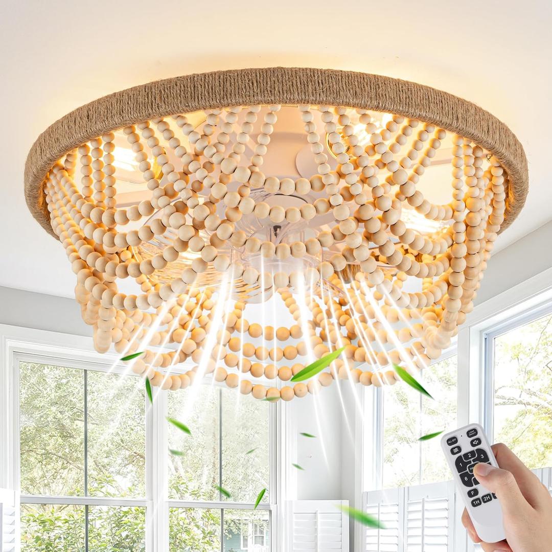 20" Boho Ceiling Fan with Light, Wood Beaded Flush Mount Ceiling Fans with 6 Speeds 3 Timing, Bohemian Caged Ceiling Fan for Living Room Kitchen Bedroom Nursery