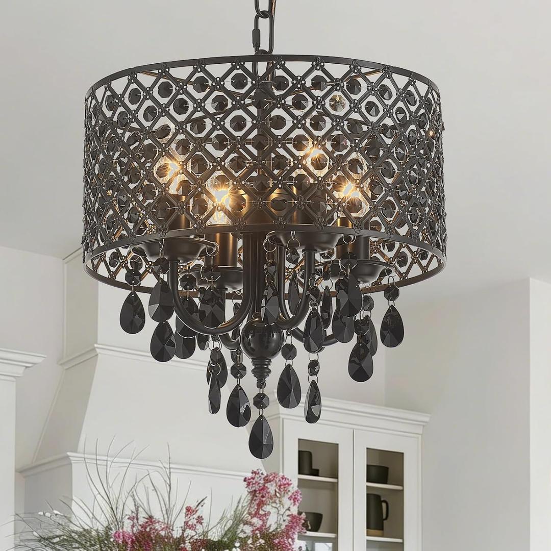 VILUXY Crystal Chandelier for Dining Room Black Smoke Ceiling Pendant Lighting Modern Crystal Hanging Light Fixture Small Drum Chandelier with Chain Mid-Century for Foyer