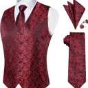 DiBanGu Mens Paisley Suit Waistcoat Silk Dress Vest and Necktie Pocket Square Cufflinks for Wedding Party, XX-Large