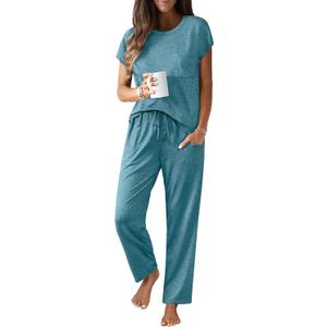 Ekouaer Womens Pajama Sets Cap Sleeve Sleepwear Tops and Long Pants Comfy Pjs 2 Piece Lounge Set with Pockets S-XXL (Large, Blue Green)