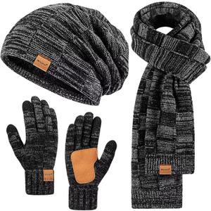 Mens Hat Gloves Scarf Set Winter, Slouchy Beanie 3 in 1 Warm Set, for Men, Mens Stocking Stuffers (Mix-black)
