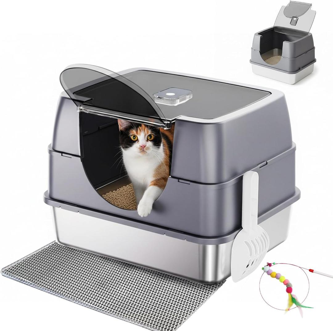 Enclosed Cat Litter Box with Flip-Top Lid, Stainless Steel Large Covered Litter Box, High Sided Metal Litter Pan with Litter Scoop & Mat, Odor Control, Leak Proof, Easy Cleaning, Grey