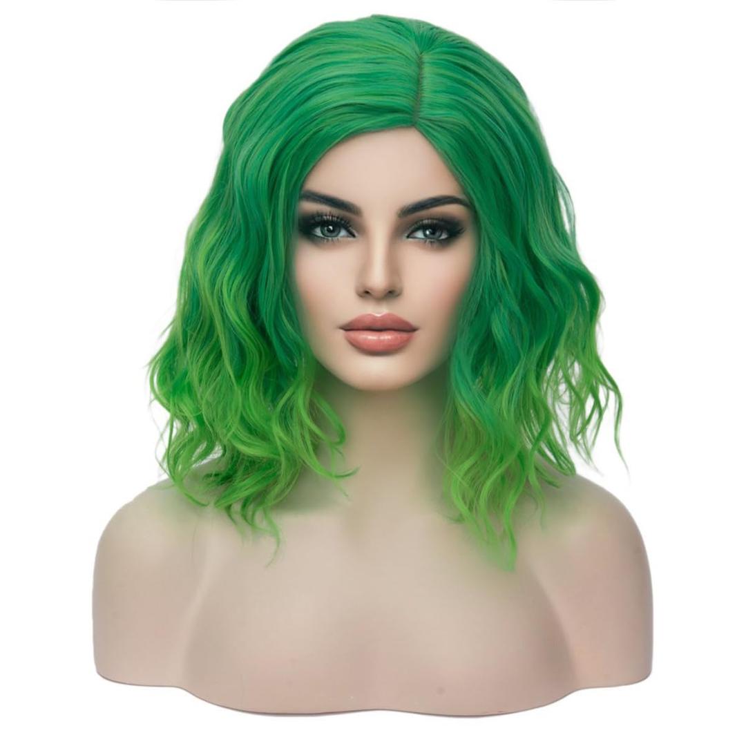 MAGQOO Green Wig for Women Short Curly Wavy Green Bob Wigs Side Part Synthetic St.Patrick's Day Costume Cosplay
