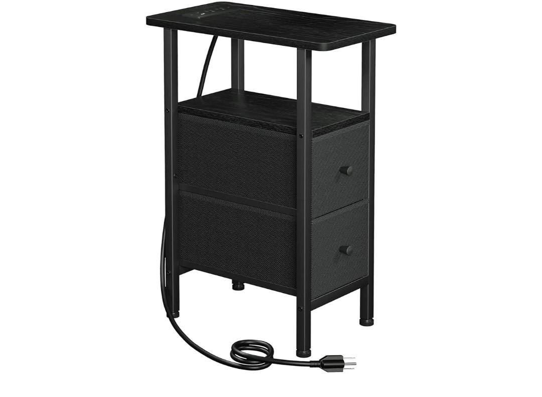 LOAKEKEL Narrow End Table Living Room with Charging Station, Skinny Side Table with Fabric Drawers, Slim Nightstand for Bedroom, Small Spaces, Couch, Black, HETNDP02BK-1