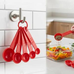 6 Pieces Red Measuring Cups and Spoons, Stackable Plastic Kitchen Gadgets for Baking
