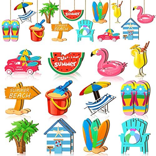 Purpeak 24 Pcs Summer Tree Ornaments Beach Wood Hanging Decoration Hawaiian Wooden Slices Pendant Summer Tree Hanging Ornaments Gift Tags Tropical Party Decor for Luau Party Supplies