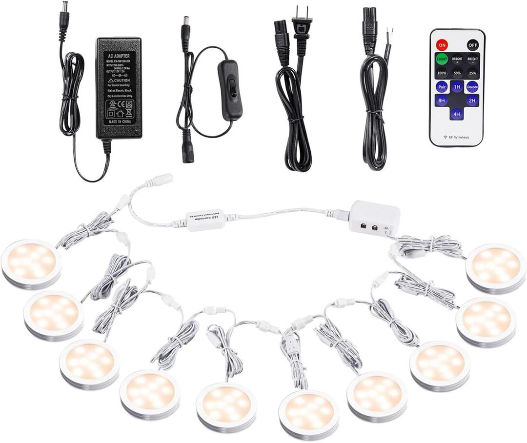 AIBOO Linkable Under Cabinet LED Lighting 12V Dimmable Puck Lights with Wireless RF Remote Control, Hardwired & Wall Plug in for Furniture Cupboard Lighting(10 Lights, Warm White)