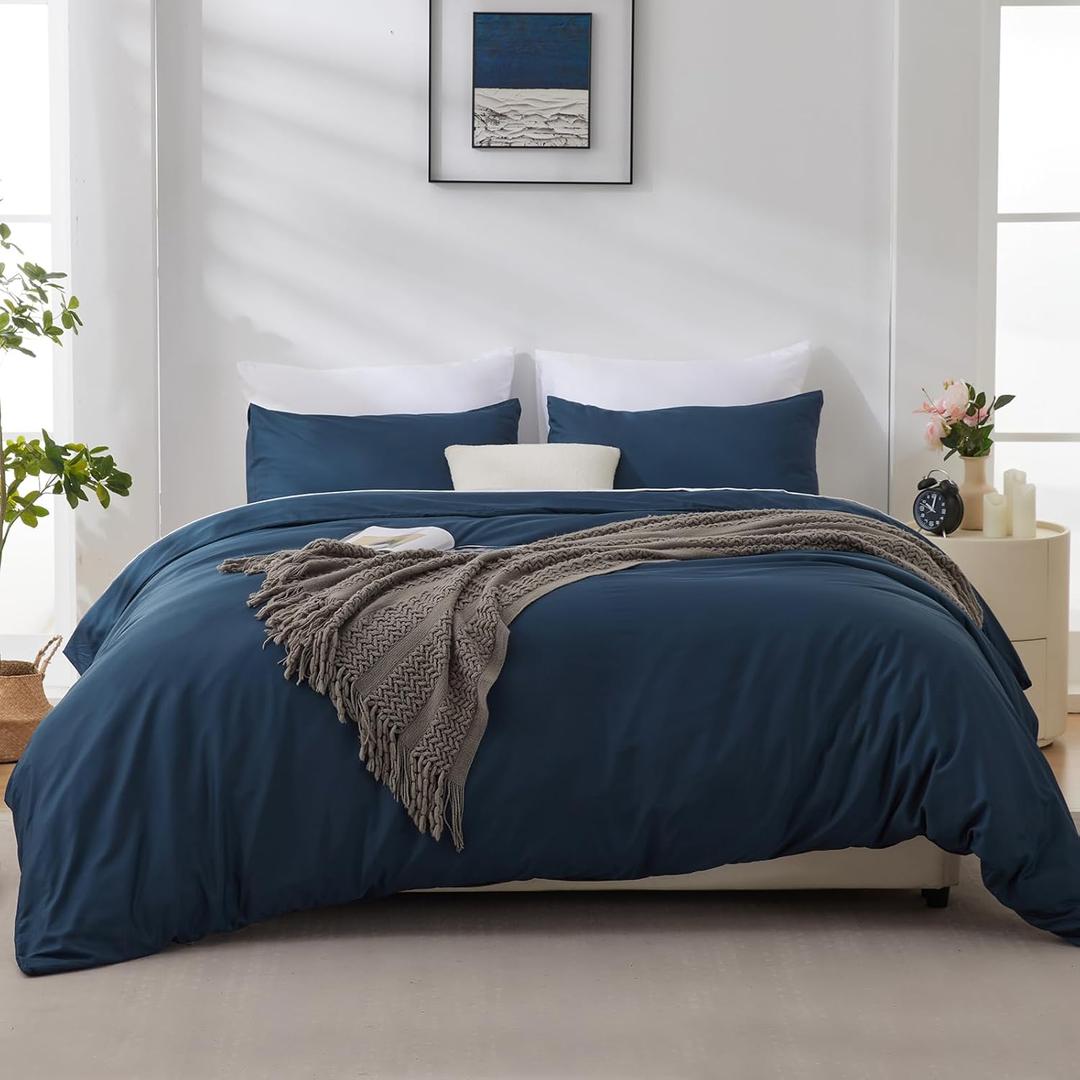 LINENLINE Duvet Cover Queen Size, Rayon Derived from Bamboo, Cooling & Soft Queen Duvet Cover Set, 1 Zipper Closure Duvet Cover 90"x90" & 2 Pillow Shams, Comforter Not Included, Navy