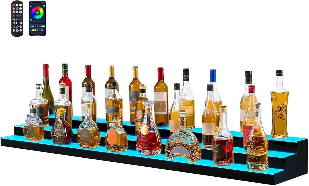 VEVOR LED Lighted Liquor Bottle Display, 3 Tier 70 Inch, Illuminated Home Bar Shelf with RF Remote & App Control, 7 Static Colors, Acrylic Lighted Whiskey Shelf for 52 Bottles, Powered by Adapter Only