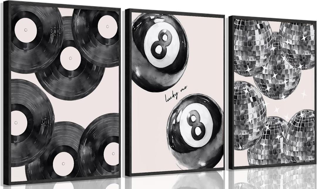 3Pcs Trendy Black White Canvas Wall Art Lucky 8 Ball Wall Decor Pictures Disco Ball Poster Prints Record Painting Artwork for Dormitory Bedroom Living room Preppy Decoration 12x16in No frame (16L"x12W")