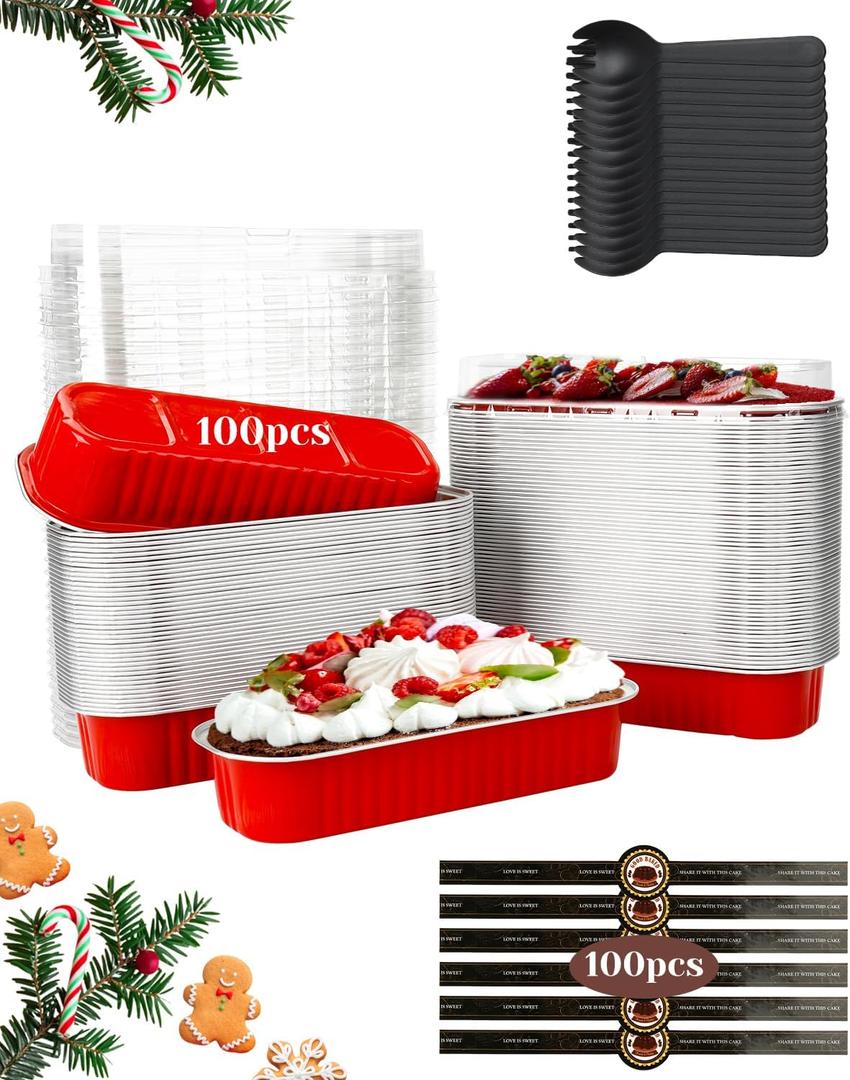 100 Pack Mini Loaf Pans with Lids and Spoons Sealing Sticker, 6.8oz Aluminum Foil Mini Cake Pans for Baking, Disposable Small Mothers Day Bread Pans with Lids  Valentines Tins CupCake, Red