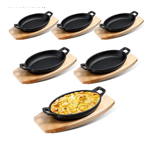 Mifoci 6 Pcs Mini Cast Iron Skillet with Wooden Base Small Cast Iron Fajita Plates Baker's Skillet Matte Black Pan Pot for Kitchen Restaurant Barbecue Dinner (8.7 x 4.7 x 1.6 Inches)