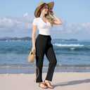 keriffe Linen Casual Pants for Women High Waist Elastic Summer Beach Vacation Outfits with Pockets (Black, M)