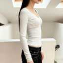 Women's Long Sleeve Slimming Tops Sexy Deep V-Neck Lace Trim Solid Color Short Shirt (M)