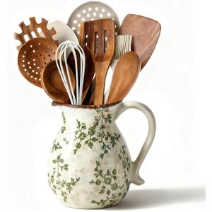 Ceramic Utensil Holder for Kitchen Counter, 6.1 Inch Vintage Farmhouse Rustic Cooking Utensil Holder, Modern Home Decor Countertop Organizer Crock for Flower Pot, Spoons & Kitchen Tools