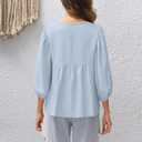 Womens Tops 3/4 Puff Sleeve Bow Tie Front Spring Easter Shirts Dressy Casual Elegant Flowy Loose Babydoll Blouses (Blue, XL)
