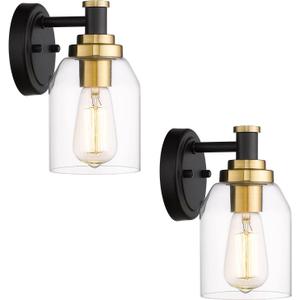 zeyu 2 Pack Modern Vanity Wall Sconces, Indoor Wall Lights for Bathroom Hallway Bedroom with Clear Glass Shade, Black and Gold Finish, ZG33B-2 BK+BG
