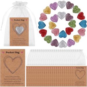 96 Sets Pocket Hug Token Bulk Natural Heart Crystals with Hug Cards and Organza Bag Pocket Hug Heart Stones Inspirational Greeting Cards Exchange Gift Thank You for Women Friend Colleagues Famil