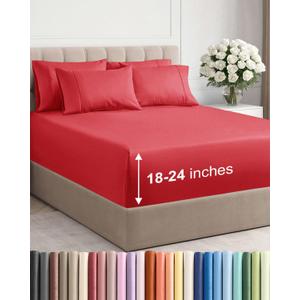 Extra Deep Queen Sheet Set - 6 Piece Breathable and Cooling Sheets - Hotel Luxury Bed Sheets Set - Easy & Secure Fit - Soft, Wrinkle Free and Comfy Sheets Set - Red Sheet Set with Extra Deep Pockets