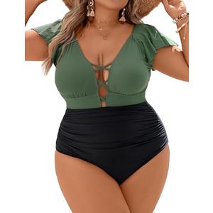 Blooming Jelly Women's Plus Size One Piece Swimsuit Tummy Control Bathing Suits Maternity Curvy Swimwear 2026(Black and Army Green,X-Large)