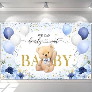 Avezano Bear Baby Shower Backdrop for Boy Blue Flower Balloons We can Bearly Wait Party Banner Bear Baby Shower Party Decorations Banner (6x3.6ft)