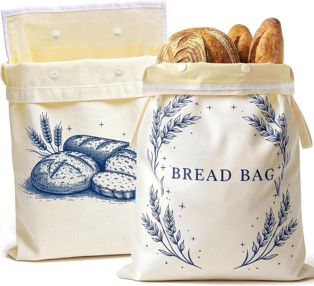Removable Beeswax Bread Bags for Homemade Bread & Sourdough, 2 Pack Reusable Cotton Beeswax Lined Bags with Detachable Snap-On Liner, Breathable Storage, Care Guide Included
