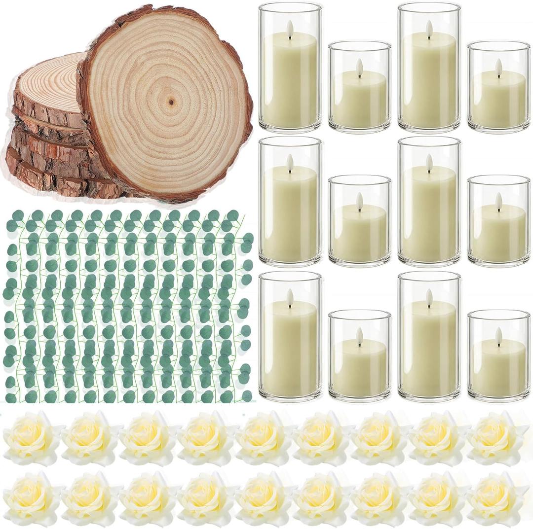 VIHOSE 36 Pcs Wooden Wedding Candle Centerpiece Includes 7.1"-7.9" Round Wood Slices, Eucalyptus Garlands, Flameless LED Candles and Artificial Roses for Wedding Country Farmhouse Table Decor, 6 Sets