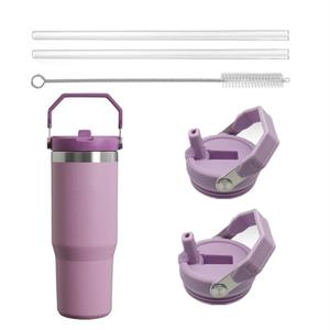 2Pack Replacement Tumbler Lid Fit for Stanley IceFlow 30 oz(Only) Flip Straw Lid, with 2Pcs Reusable Straws,1Pcs Cleaning Brush (Purple)