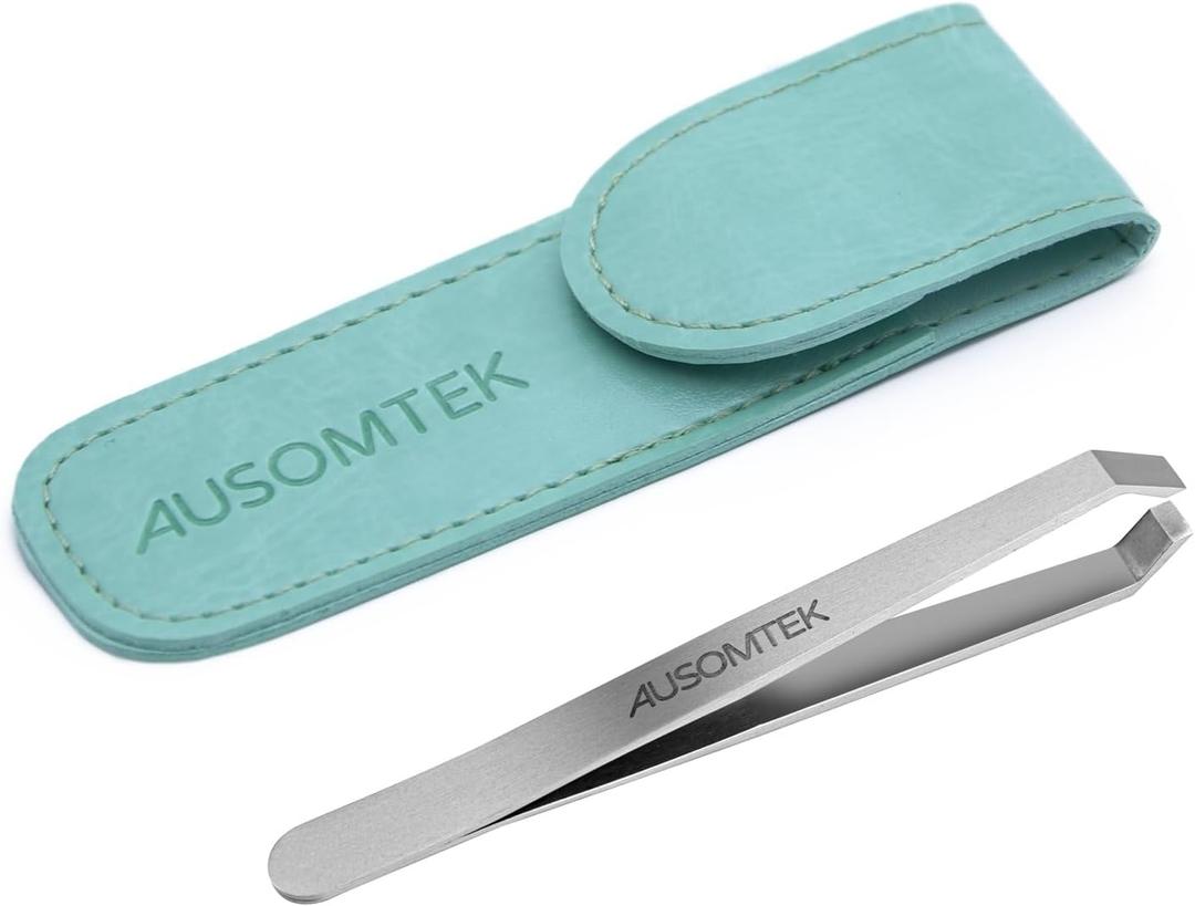 Beard Tweezers, White Hair Plucking Tweezers, Stainless Steel, Fine Hair Removal Tweezers, Eyebrows Shaping Tool, 5mm Tip, Cyan PU Case 1Pack, Silver, 1.0 Count, (BRTW-SSS-96WDQP)